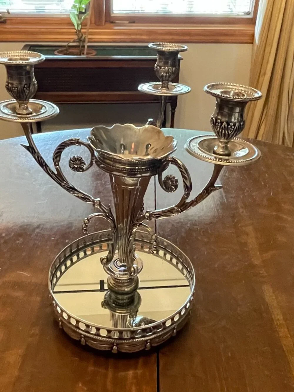 Vintage Shabby Shic Godinger Silver Plated Epergne 3 Branch Candleabra Mirror Tr